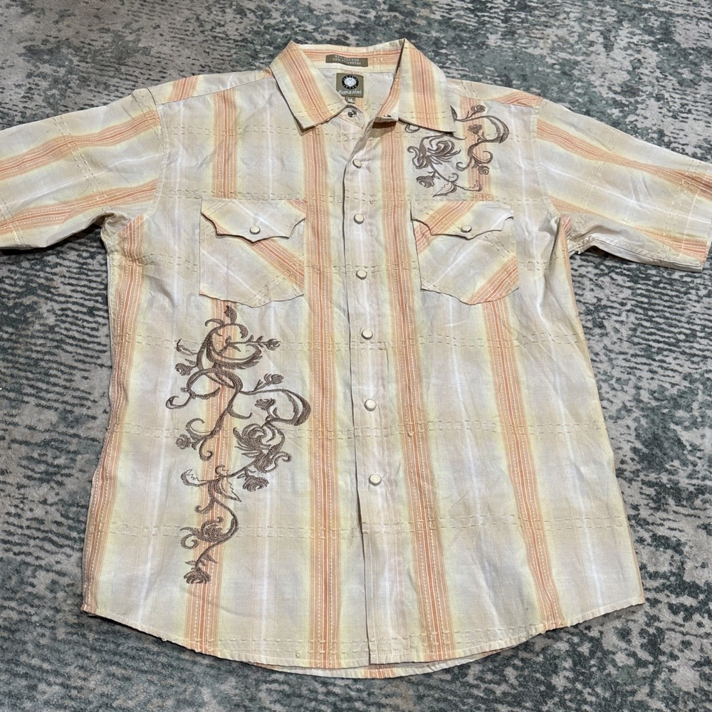 Lamasini Shirt Mens Medium Pear Snap Y2K Cross  Short Sleeve Single Stitch
